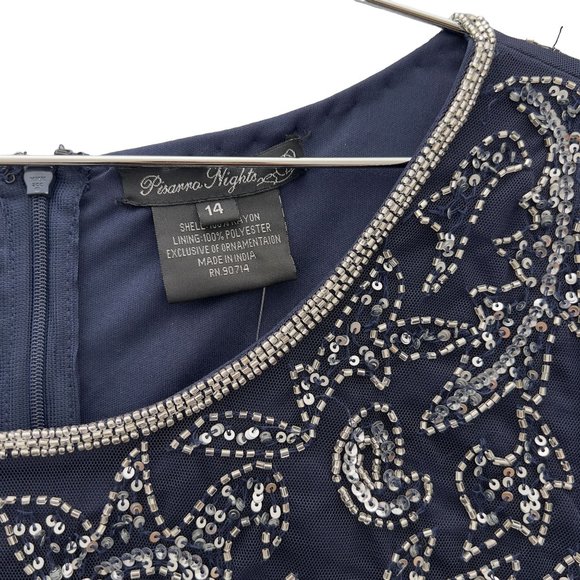 PISARRO NIGHTS Navy Beaded Mesh Cocktail Dress Size 14 NWT Flaw D-2309 0014 - Picture 5 of 12